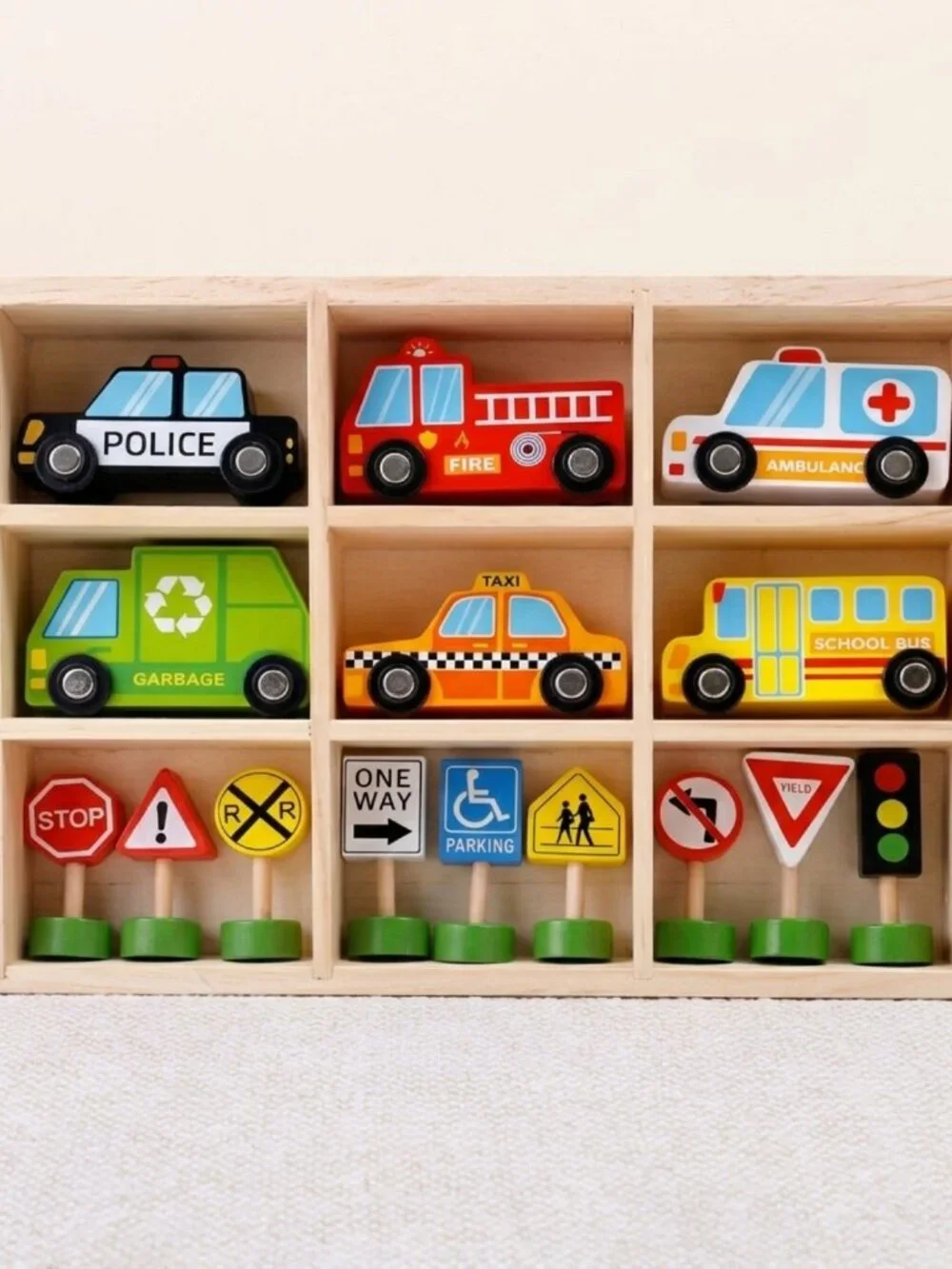 Montessori Wooden Transportation Vehicles & Road Signs Toy Set New